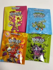 High-Aid powdered Cannabis Drink Mix packaging with 4 fruity flavours