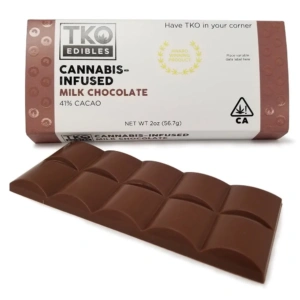 TKO Milk Chocolate THC edible bar with 10 mg segments, lab tested and pesticide free